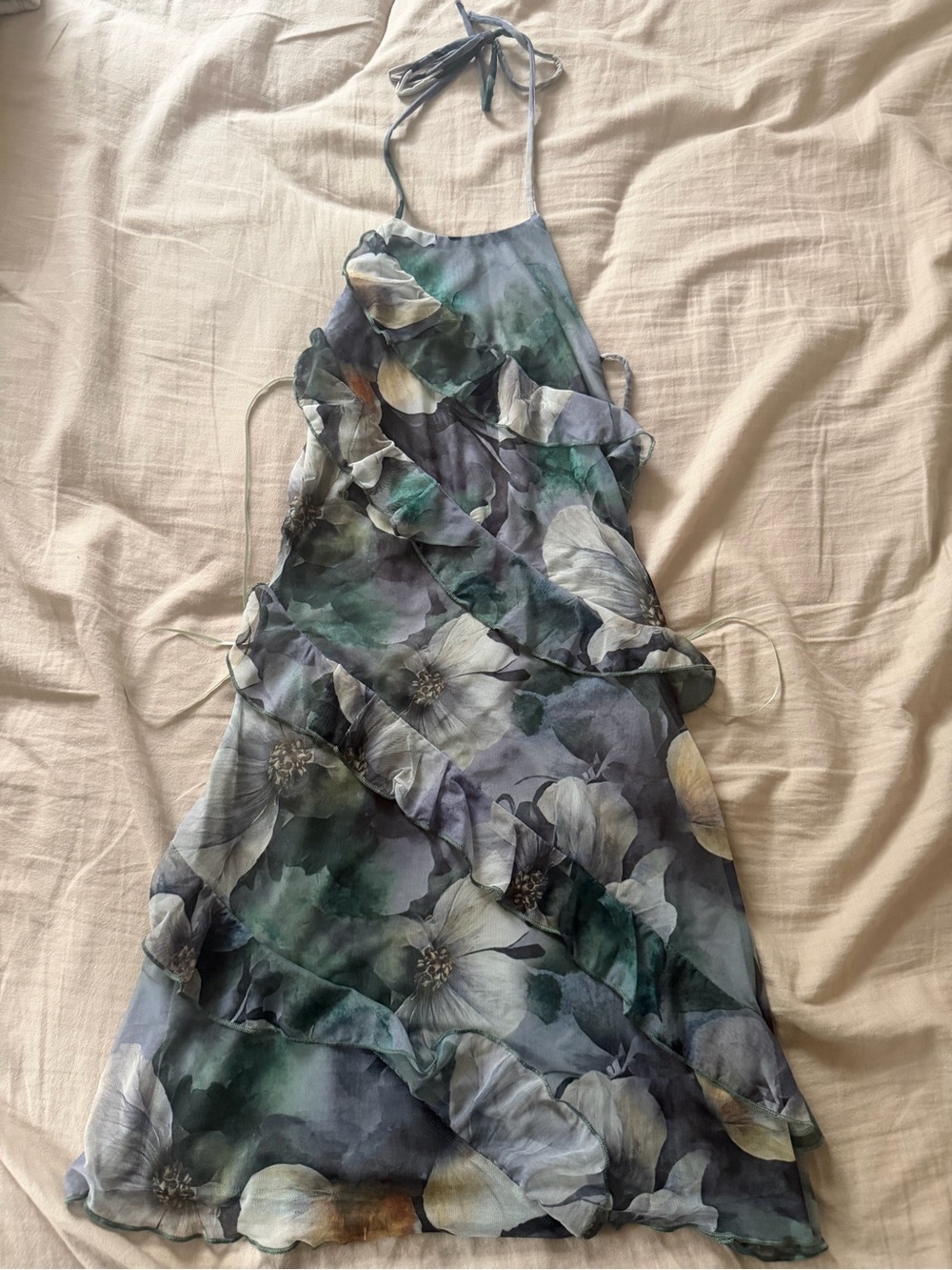 Fashion Nova Sage Blue Floral Ruffle Halter Mini Dress - Picture 3 of 4
